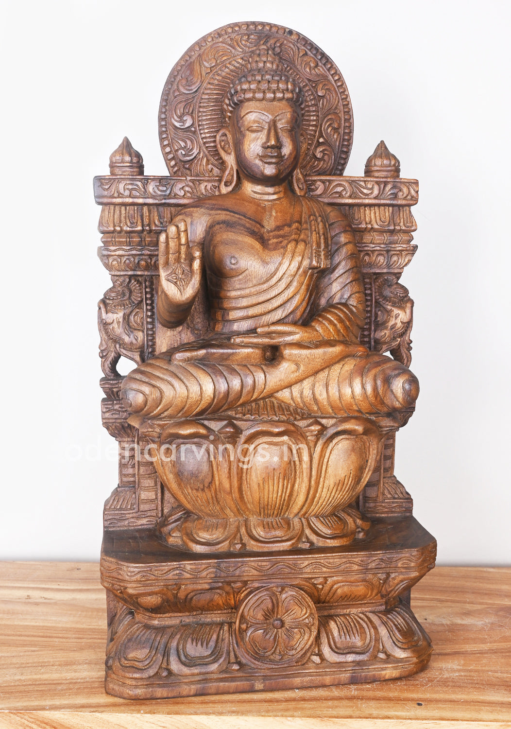 Smiling Buddha Calmly Seated on Lotus Yogasana Posture and Blessing People in Mudra Vitarka Statue 24.5"