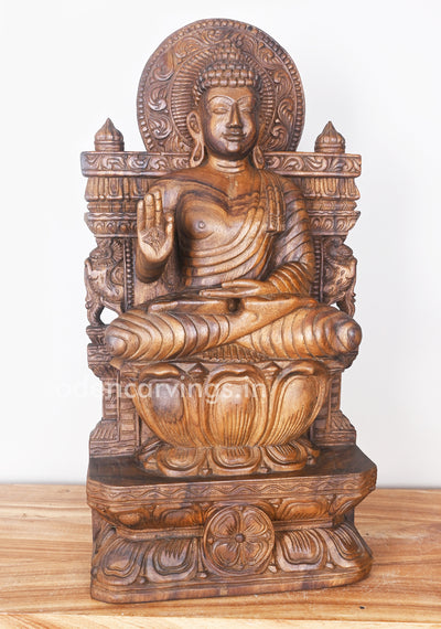 Smiling Buddha Calmly Seated on Lotus Yogasana Posture and Blessing People in Mudra Vitarka Statue 24.5"