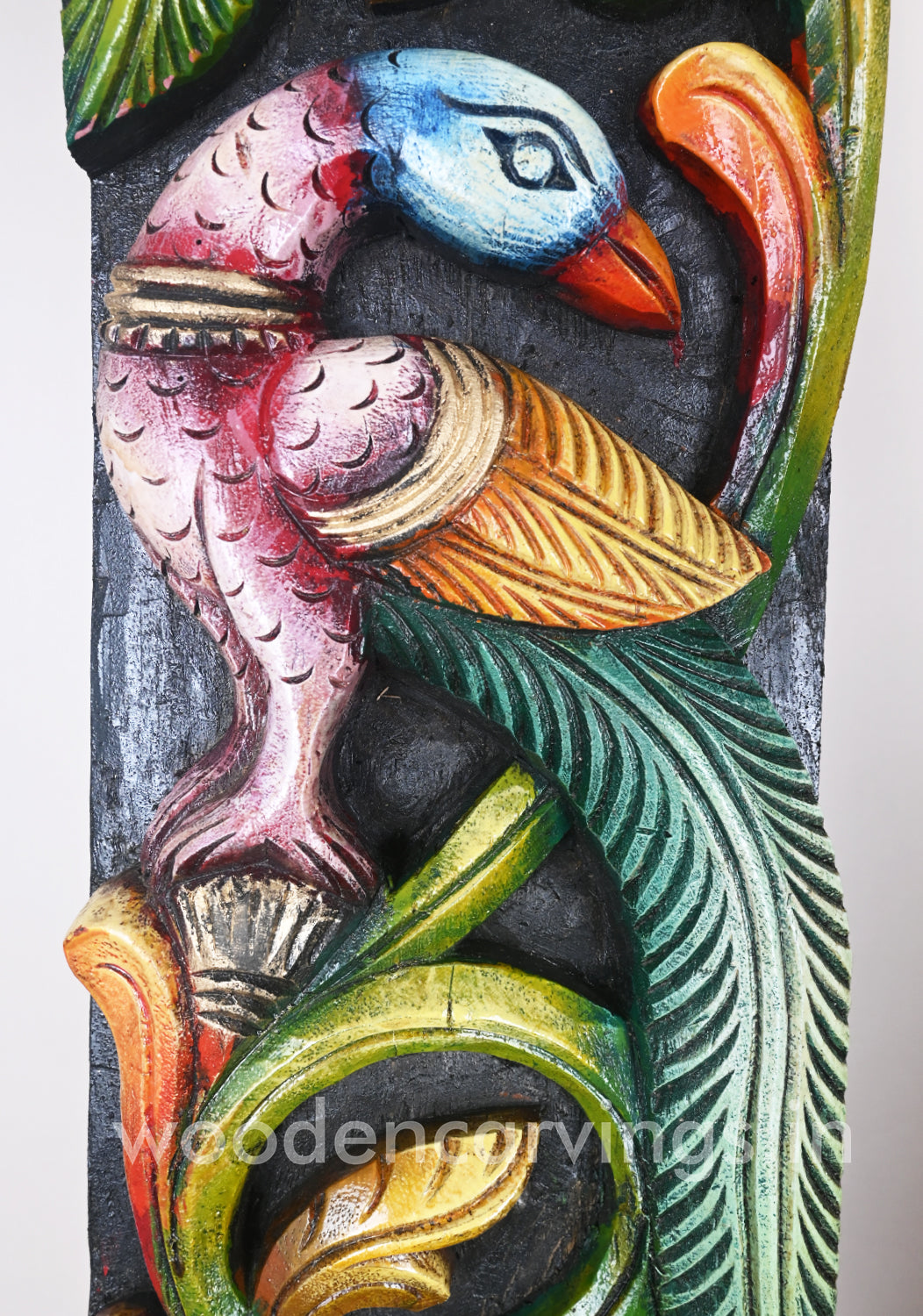 Decorative Vertical Colourful Peacocks Simply Standing on Tree Wooden Wall Mount 37"