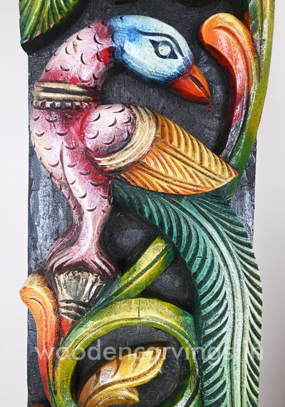 Decorative Vertical Colourful Peacocks Simply Standing on Tree Wooden Wall Mount 37"