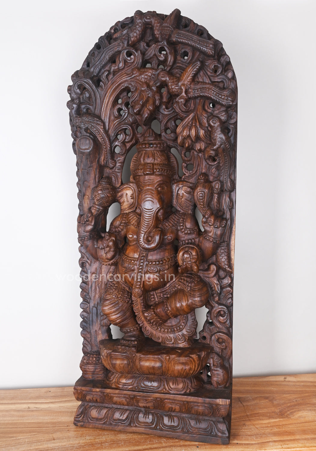 Aadaa Lord Ganesha Standing on Kamal (Lotus) in One Leg Having Four Hands Wooden Jali Work Wall Mount 37"