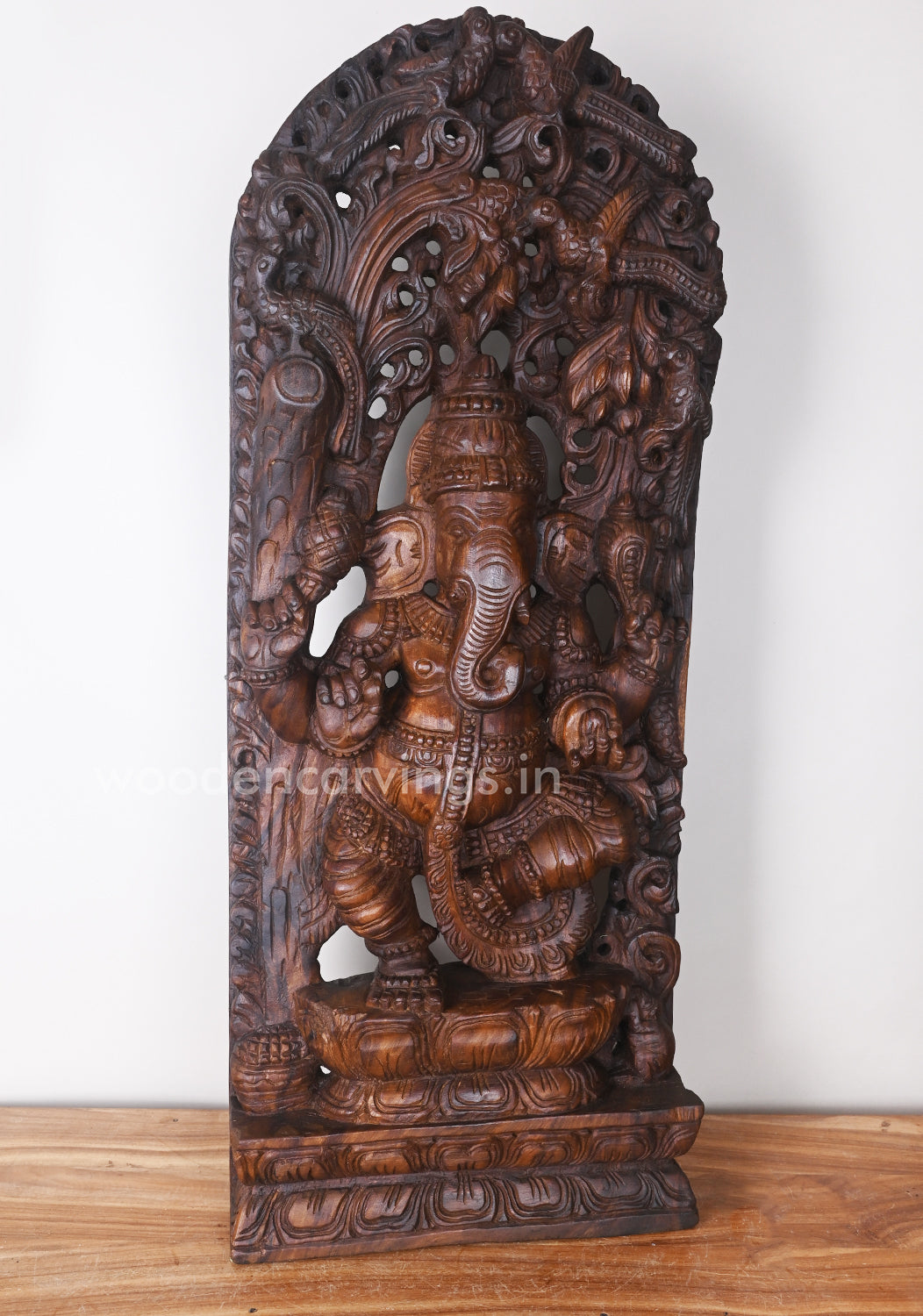 Aadaa Lord Ganesha Standing on Kamal (Lotus) in One Leg Having Four Hands Wooden Jali Work Wall Mount 37"
