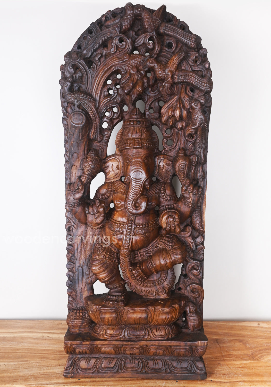 Aadaa Lord Ganesha Standing on Kamal (Lotus) in One Leg Having Four Hands Wooden Jali Work Wall Mount 37"