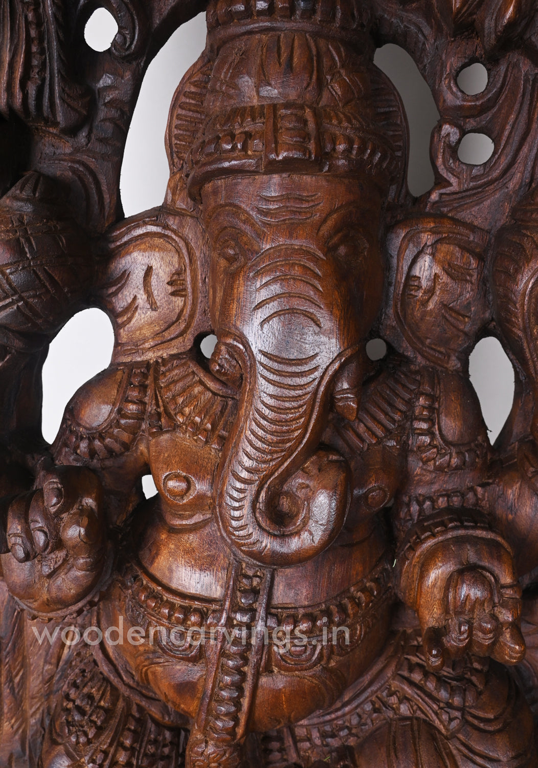 Aadaa Lord Ganesha Standing on Kamal (Lotus) in One Leg Having Four Hands Wooden Jali Work Wall Mount 37"