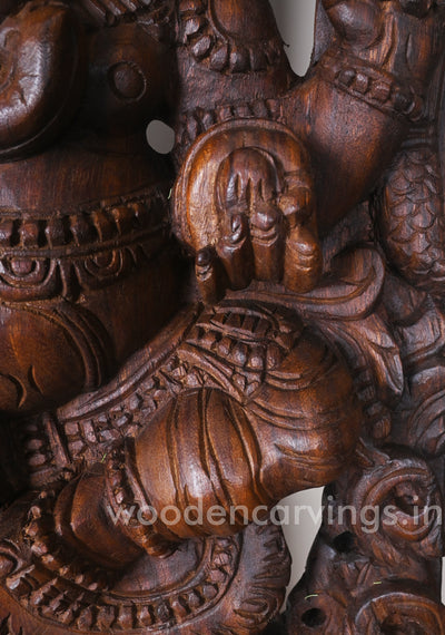 Aadaa Lord Ganesha Standing on Kamal (Lotus) in One Leg Having Four Hands Wooden Jali Work Wall Mount 37"