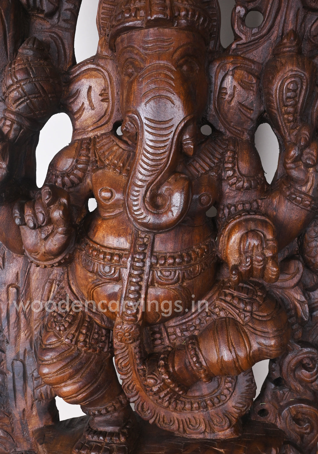 Aadaa Lord Ganesha Standing on Kamal (Lotus) in One Leg Having Four Hands Wooden Jali Work Wall Mount 37"