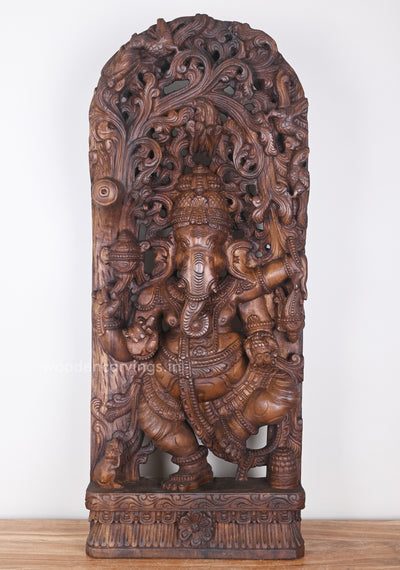 Different Hand Gesture of Ankusha Ganesha Standing on Base in dancing Posture Wooden Jali Work Wall Mount 36"