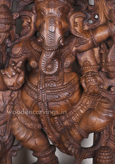 Different Hand Gesture of Ankusha Ganesha Standing on Base in dancing Posture Wooden Jali Work Wall Mount 36"