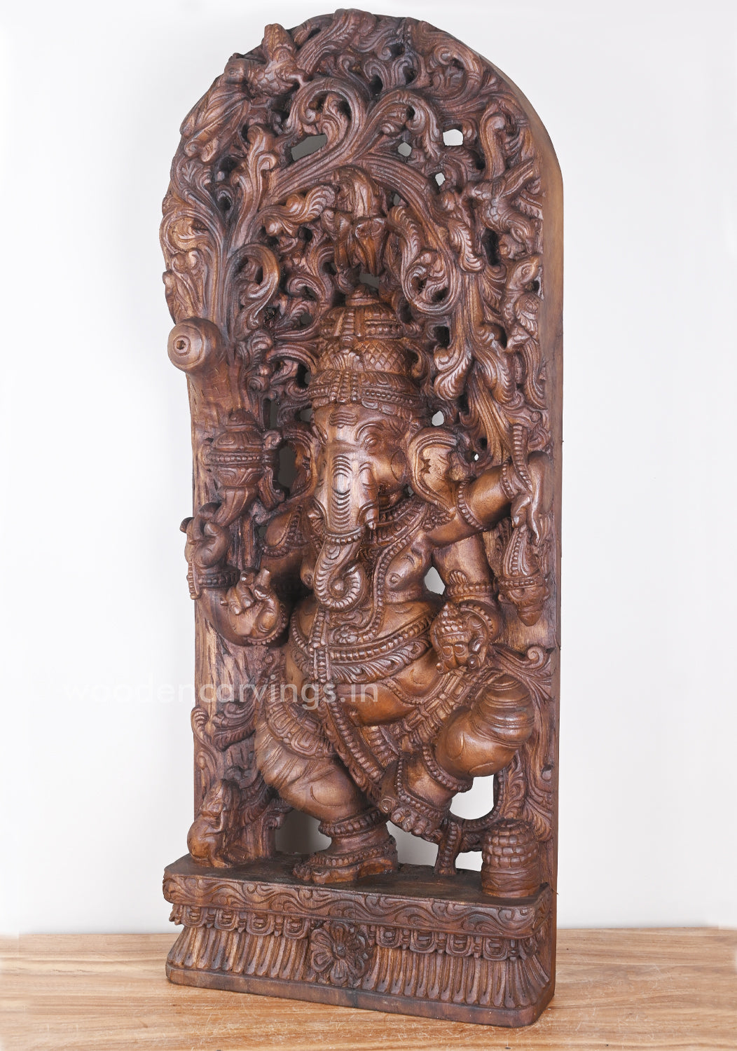 Different Hand Gesture of Ankusha Ganesha Standing on Base in dancing Posture Wooden Jali Work Wall Mount 36"
