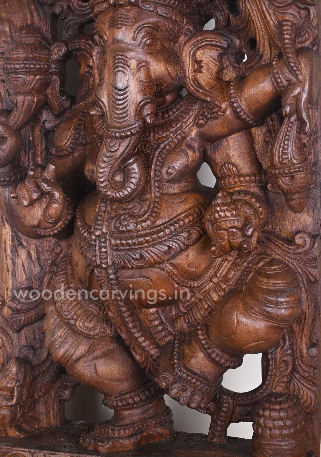 Different Hand Gesture of Ankusha Ganesha Standing on Base in dancing Posture Wooden Jali Work Wall Mount 36"