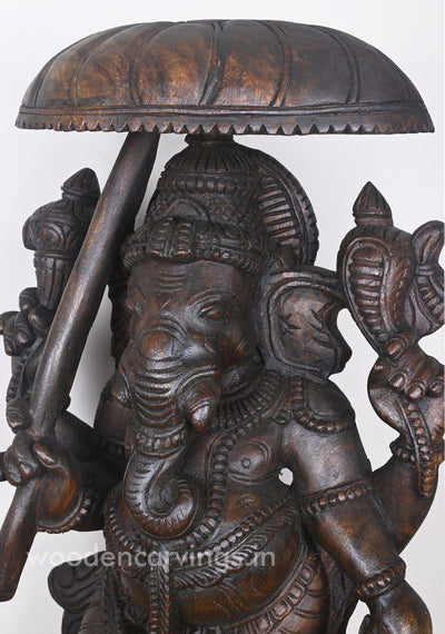 Masterpiece of Standing Umbrella Ganesha Holding Kamandalam Wooden Sculpture 25"