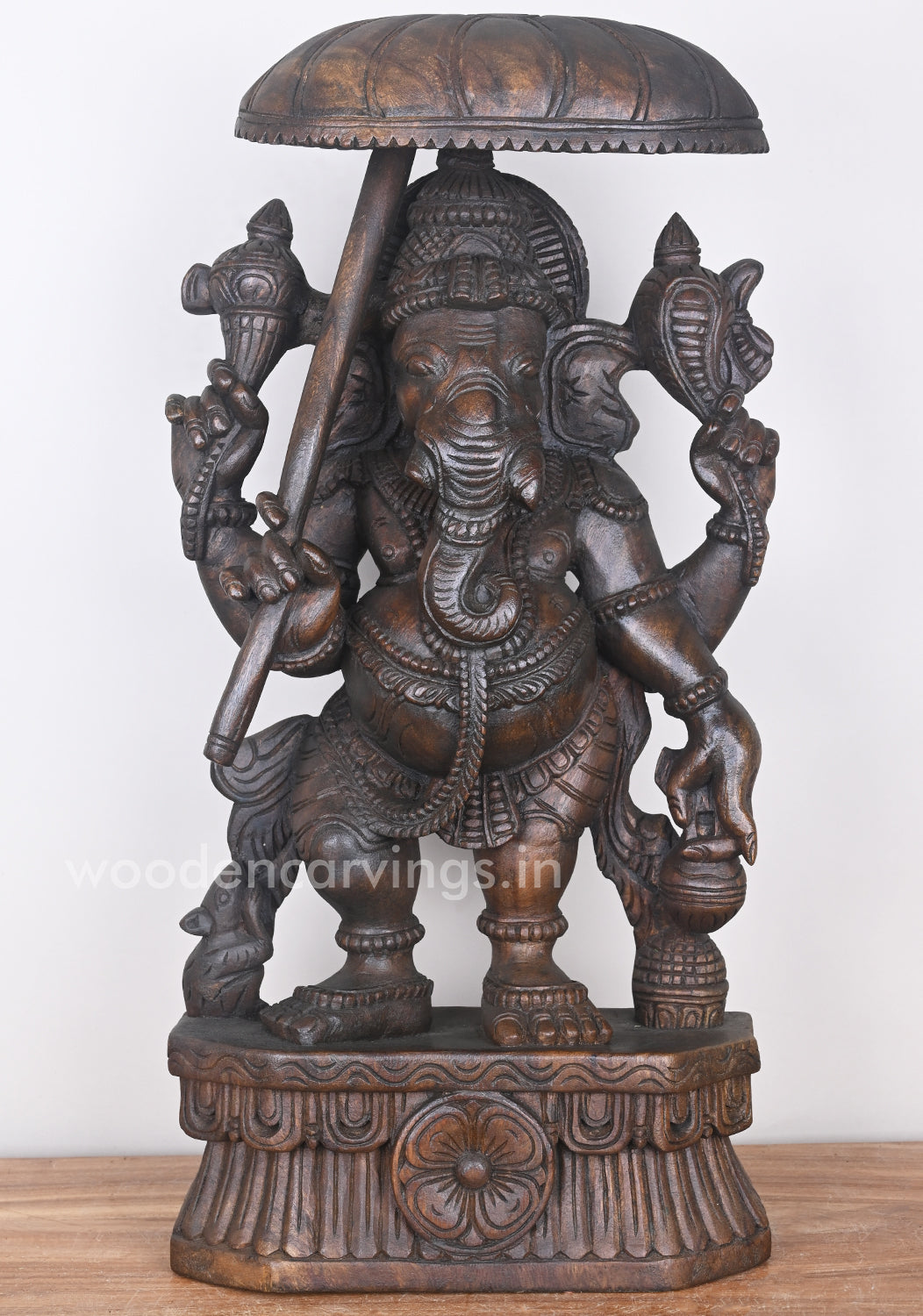 Masterpiece of Standing Umbrella Ganesha Holding Kamandalam Wooden Sculpture 25"