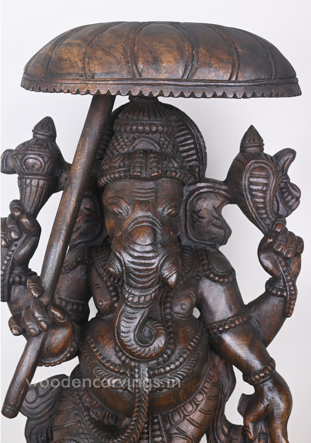 Masterpiece of Standing Umbrella Ganesha Holding Kamandalam Wooden Sculpture 25"