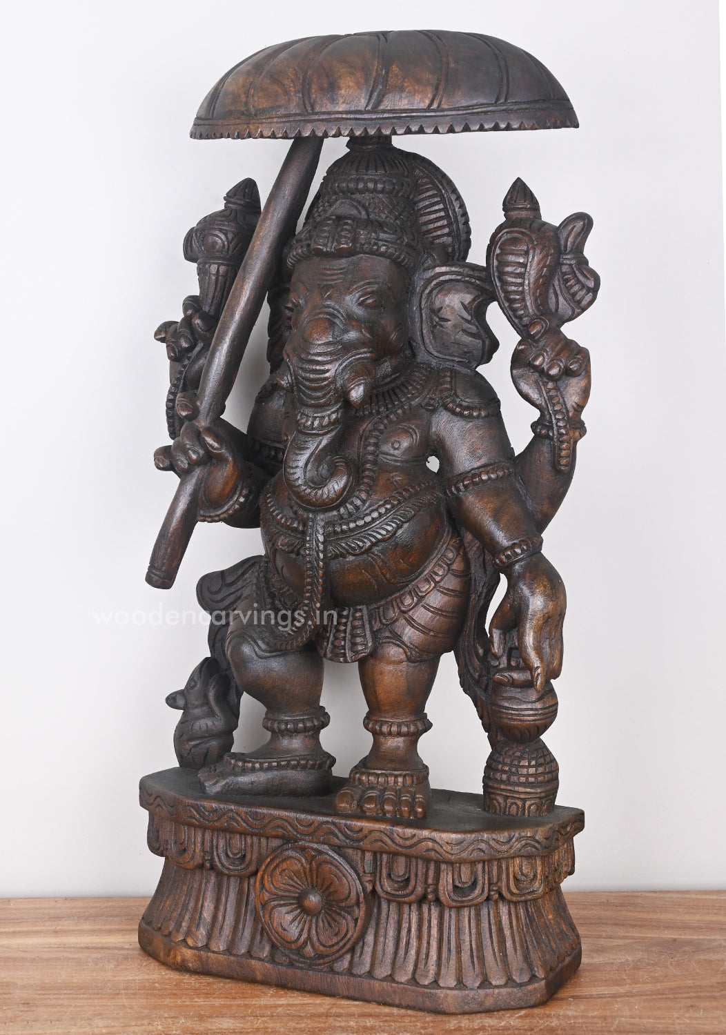 Masterpiece of Standing Umbrella Ganesha Holding Kamandalam Wooden Sculpture 25"