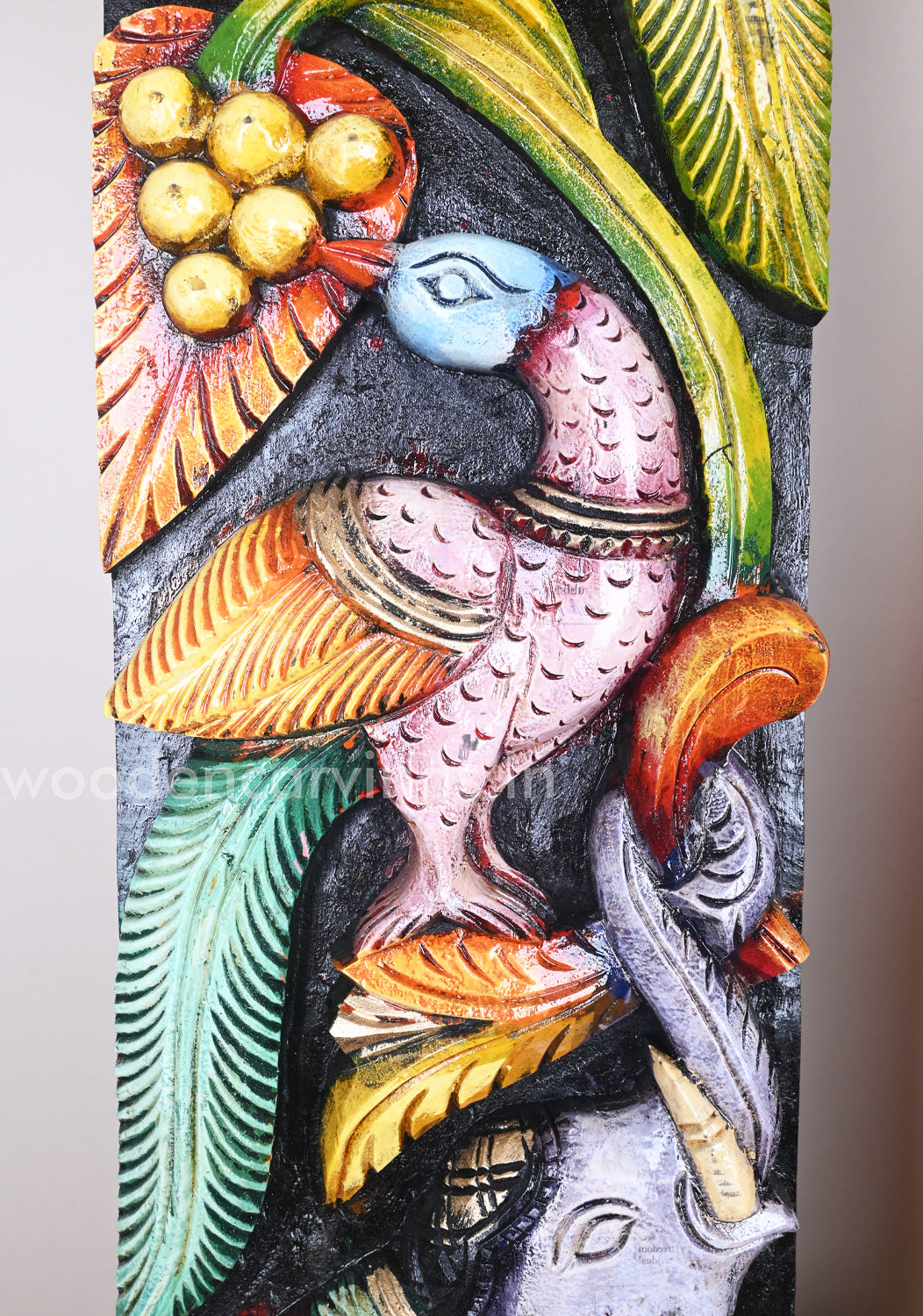 Parrots Eats Sweet Grapes on Tree Natural and Realistic look Coloured Wooden Wall Panel 36"