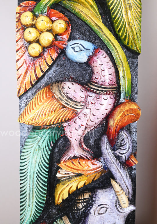 Parrots Eats Sweet Grapes on Tree Natural and Realistic look Coloured Wooden Wall Panel 36"