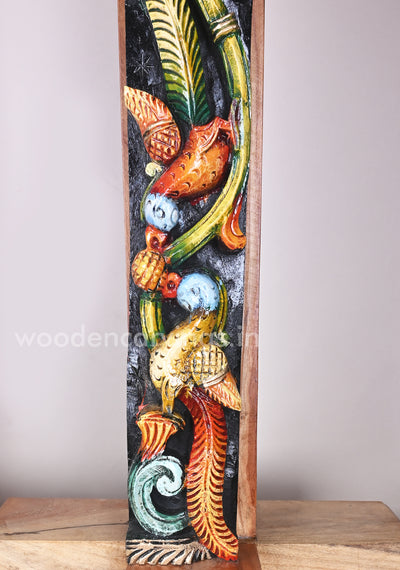 Vertical Paired Parrots Eating Mango Fruit Multicoloured Wooden Wall Panel 36"