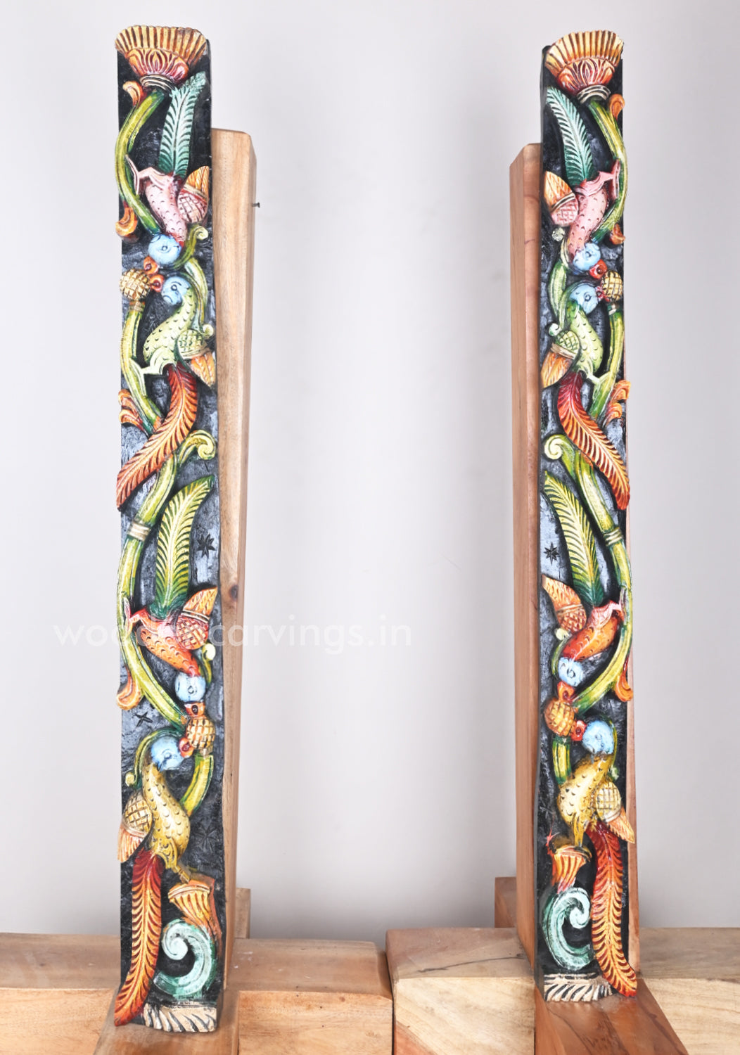 Vertical Paired Parrots Eating Mango Fruit Multicoloured Wooden Wall Panel 36"