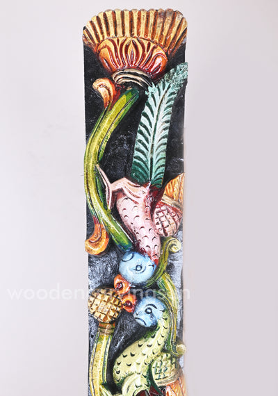 Vertical Paired Parrots Eating Mango Fruit Multicoloured Wooden Wall Panel 36"