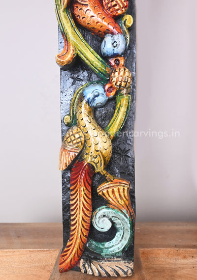 Vertical Paired Parrots Eating Mango Fruit Multicoloured Wooden Wall Panel 36"
