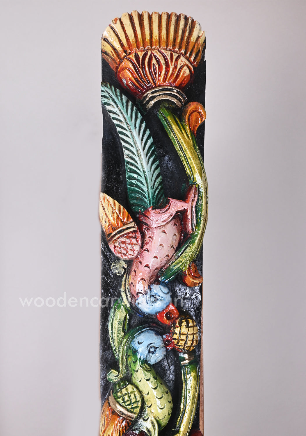 Vertical Paired Parrots Eating Mango Fruit Multicoloured Wooden Wall Panel 36"