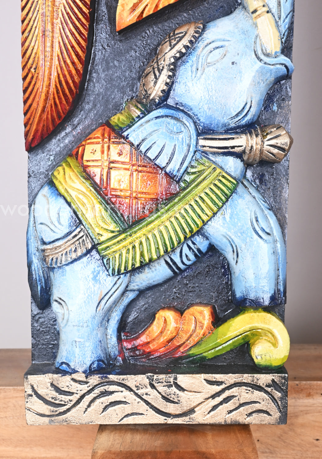 Parrots With Paired Blue Elephants Standing on Grapes Tree Multicoloured Wooden Wall Panel 36"