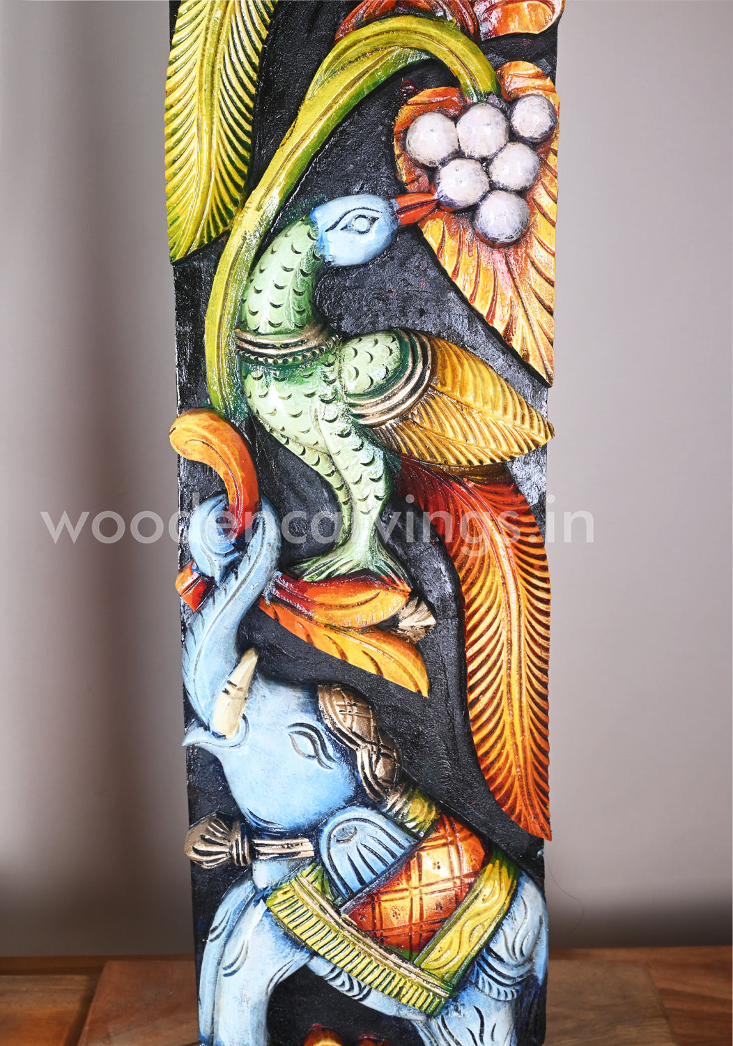 Parrots With Paired Blue Elephants Standing on Grapes Tree Multicoloured Wooden Wall Panel 36"