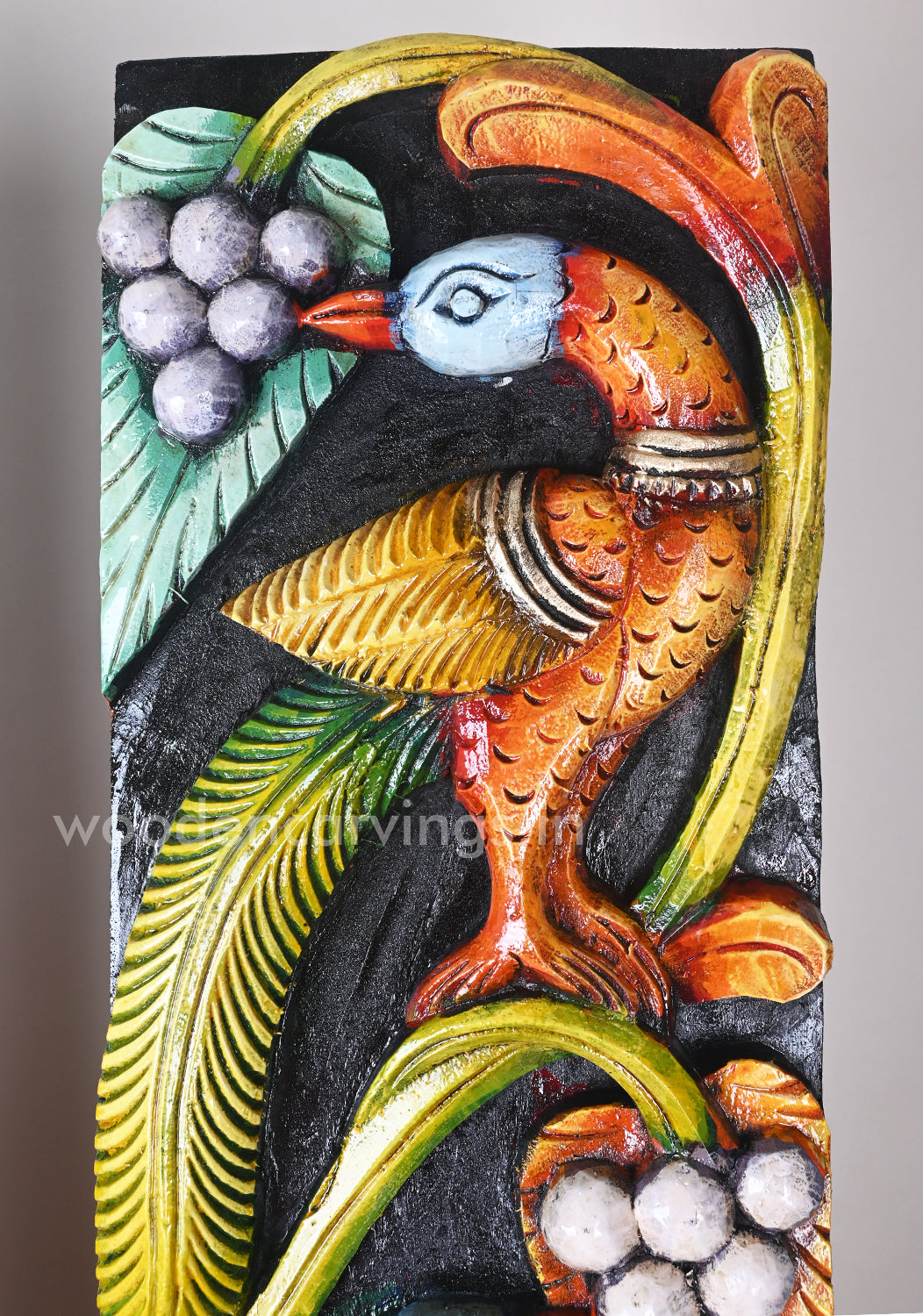 Parrots With Paired Blue Elephants Standing on Grapes Tree Multicoloured Wooden Wall Panel 36"