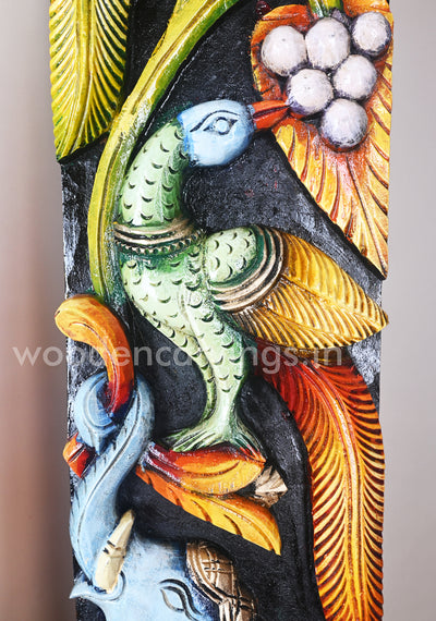Parrots With Paired Blue Elephants Standing on Grapes Tree Multicoloured Wooden Wall Panel 36"