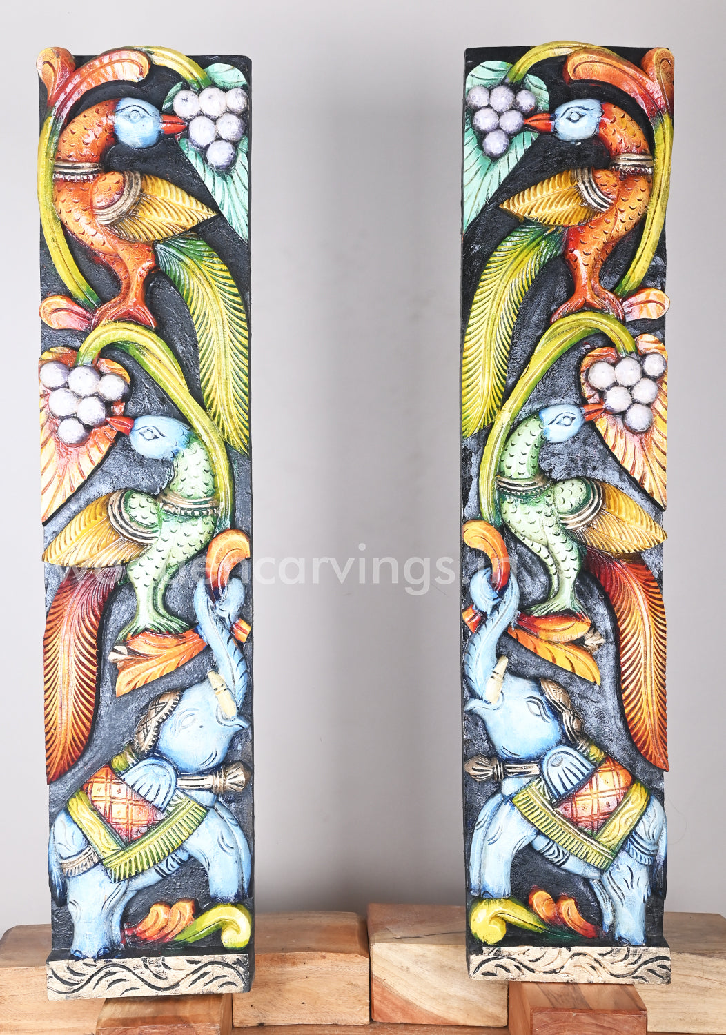 Parrots With Paired Blue Elephants Standing on Grapes Tree Multicoloured Wooden Wall Panel 36"