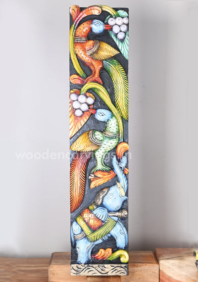 Parrots With Paired Blue Elephants Standing on Grapes Tree Multicoloured Wooden Wall Panel 36"