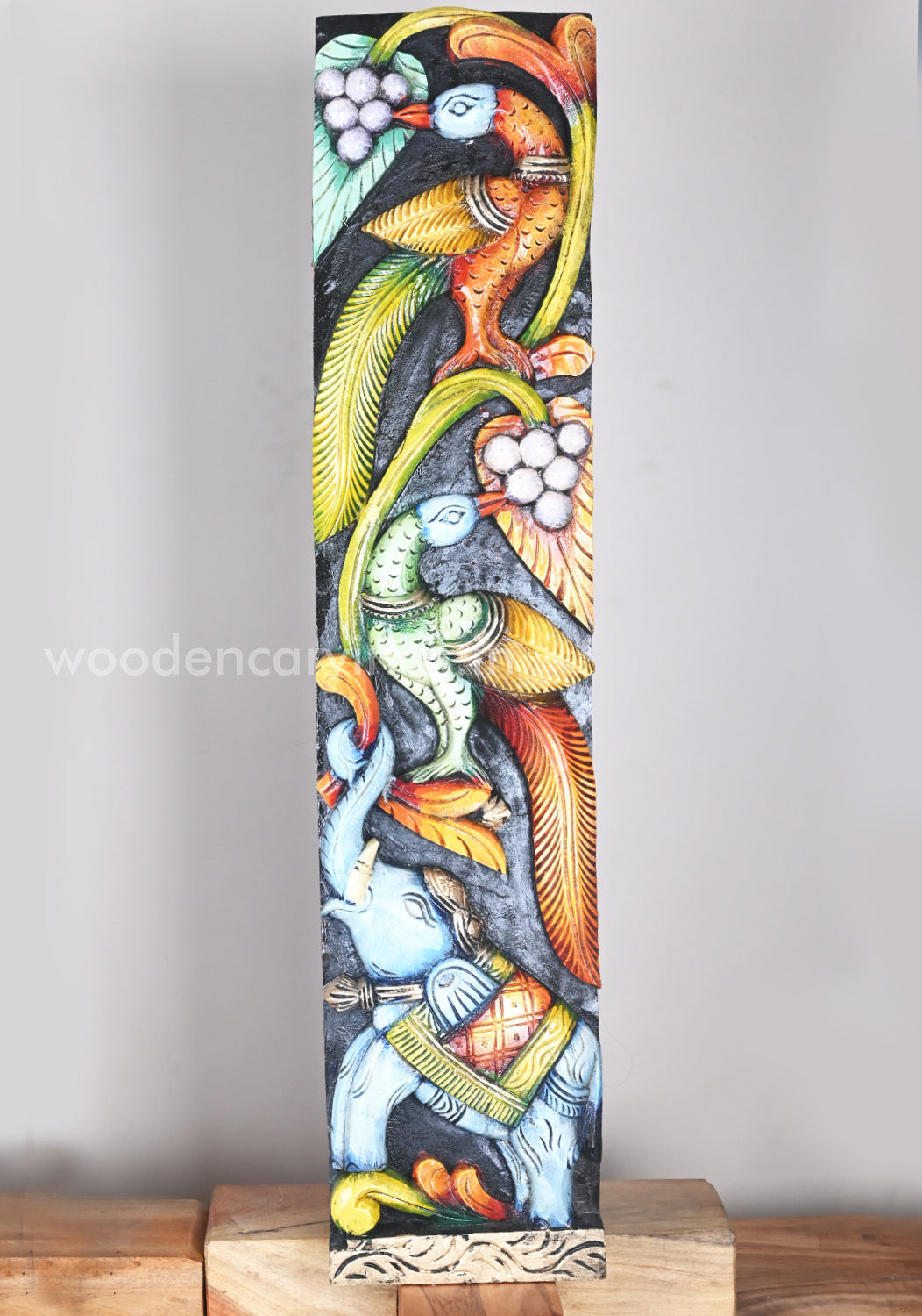 Parrots With Paired Blue Elephants Standing on Grapes Tree Multicoloured Wooden Wall Panel 36"