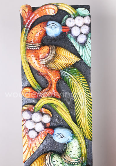 Parrots With Paired Blue Elephants Standing on Grapes Tree Multicoloured Wooden Wall Panel 36"