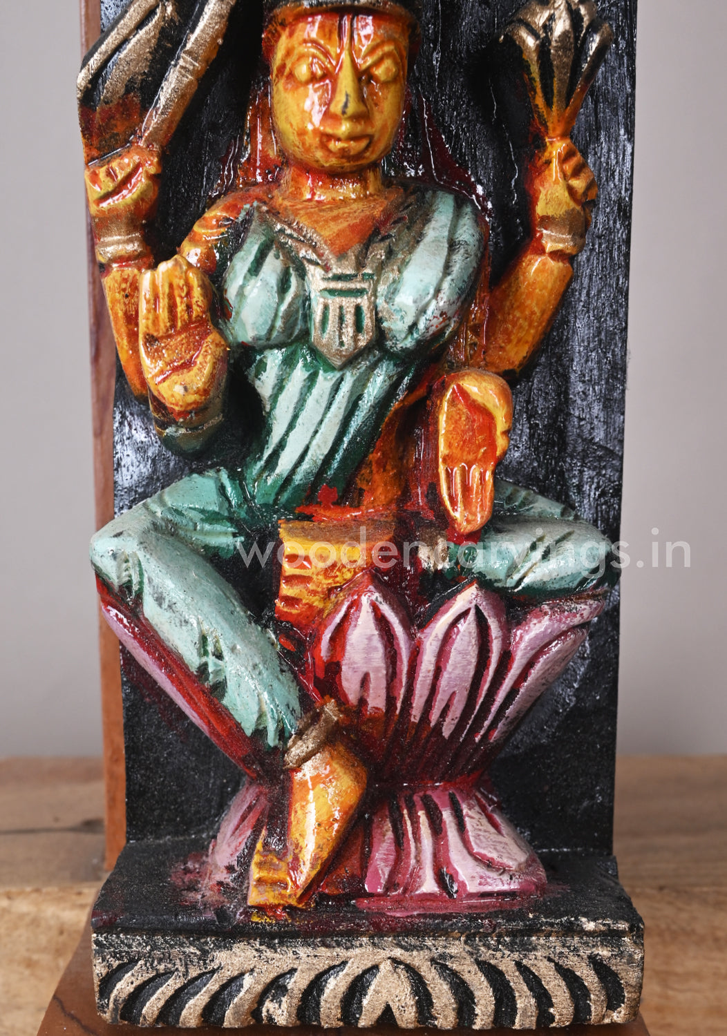 Auspicious Asta Lakshmi Seated on Pink Lotus Vertical Multiccoloured Wall Panel 36"