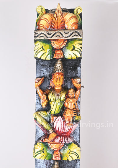 Auspicious Asta Lakshmi Seated on Pink Lotus Vertical Multiccoloured Wall Panel 36"