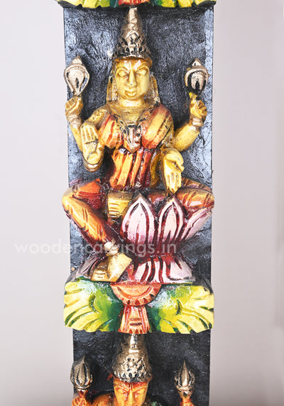 Auspicious Asta Lakshmi Seated on Pink Lotus Vertical Multiccoloured Wall Panel 36"