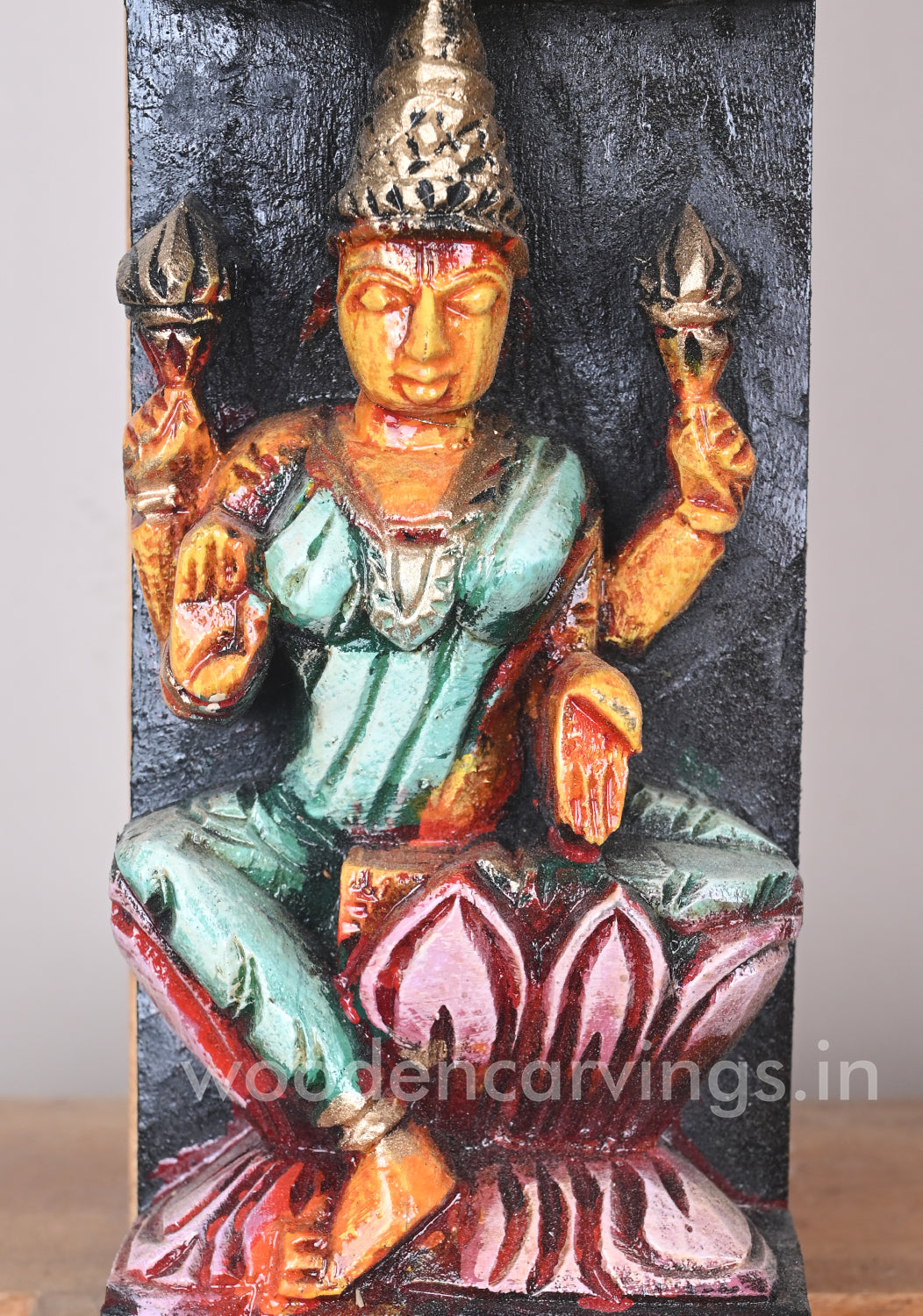 Auspicious Asta Lakshmi Seated on Pink Lotus Vertical Multiccoloured Wall Panel 36"