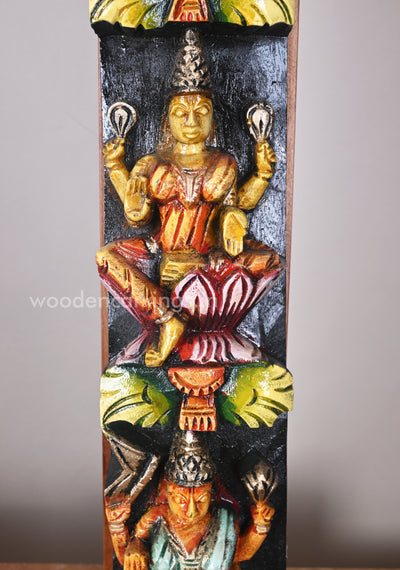 Auspicious Asta Lakshmi Seated on Pink Lotus Vertical Multiccoloured Wall Panel 36"