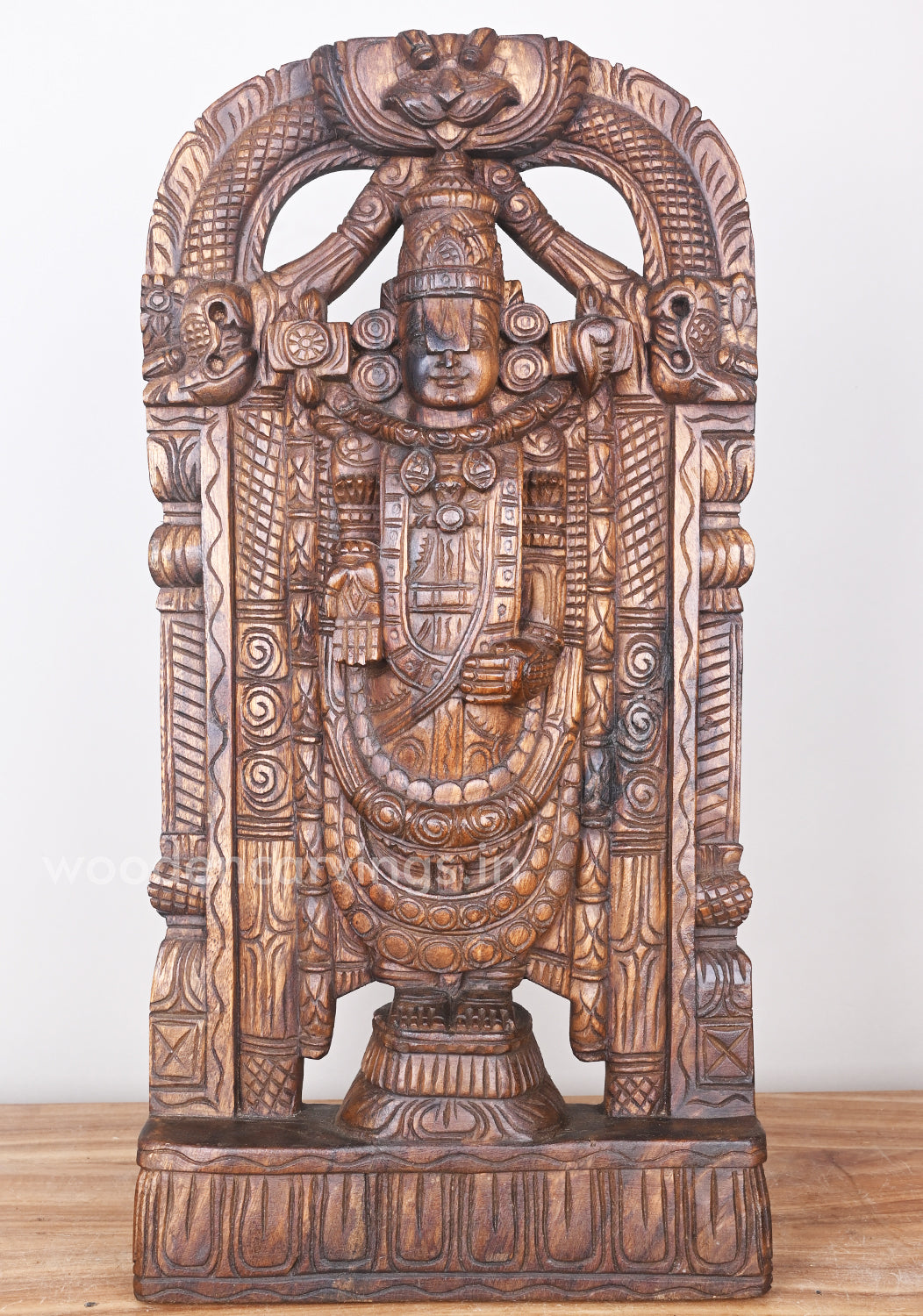 Wealthy Arch Lord Balaji Standing on Base Simple Fine Finishing Wooden Sculpture 24"