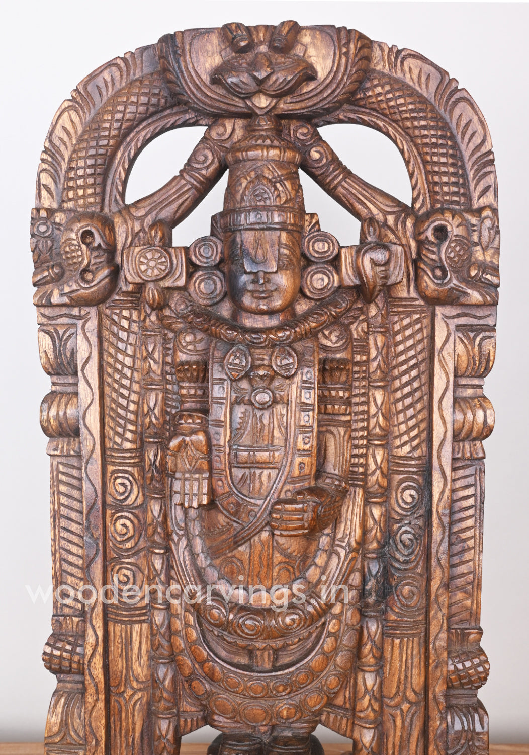 Wealthy Arch Lord Balaji Standing on Base Simple Fine Finishing Wooden Sculpture 24"