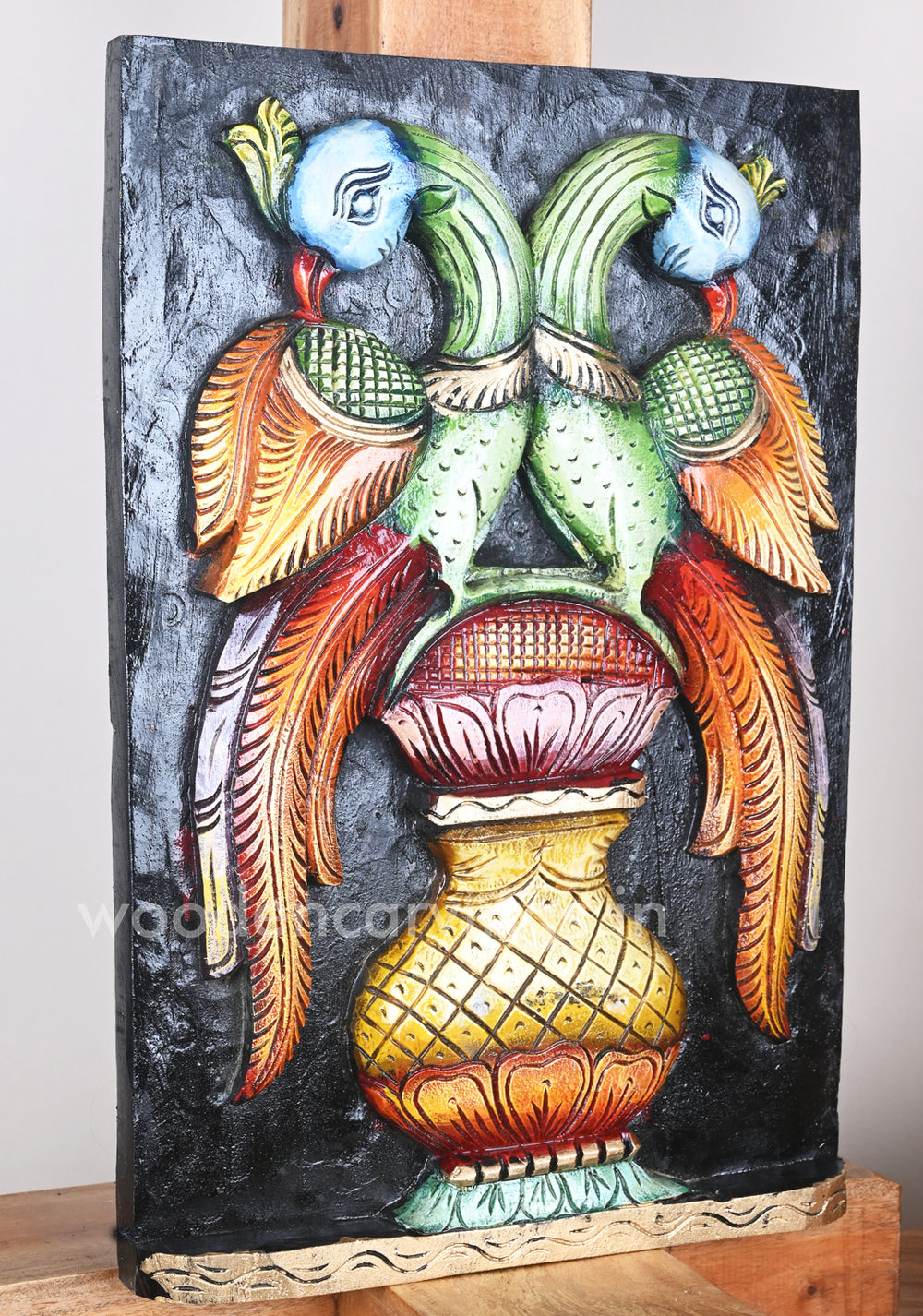 wooden Greeny Paired Parrots Standing 