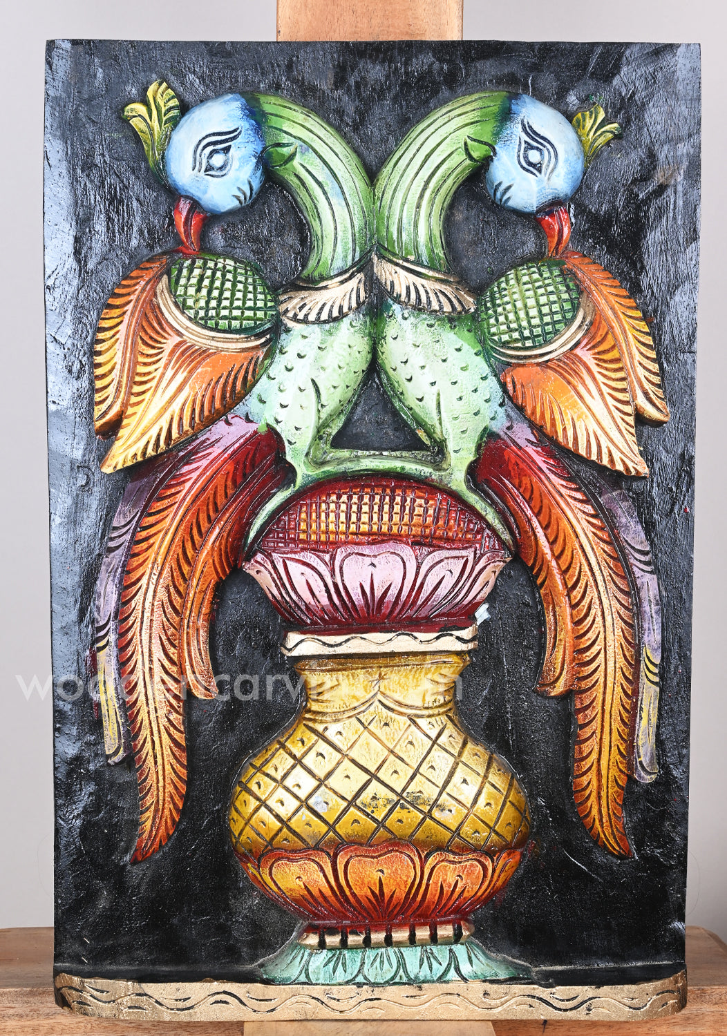 wooden Greeny Paired Parrots Standing 