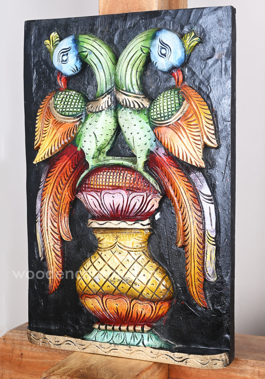 Greeny Paired Parrots Standing on Multicoloured wooden Wall Mount 18"