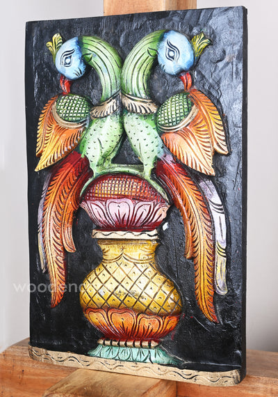 Greeny Paired Parrots Standing on Multicoloured Water pot Square Wall Mount 18"