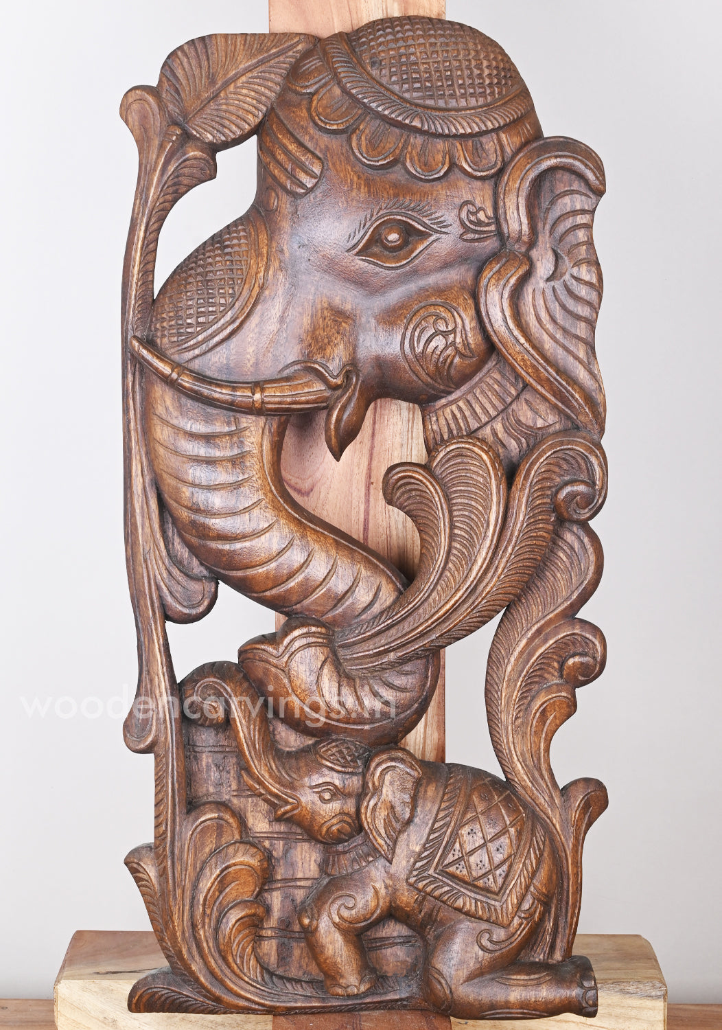 wooden statue  Mother with Baby Elephant 