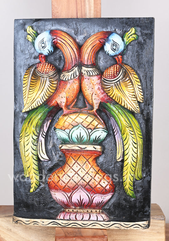 Wooden Standing Parrots on Water Pot – Decorative Wall Mount 18"