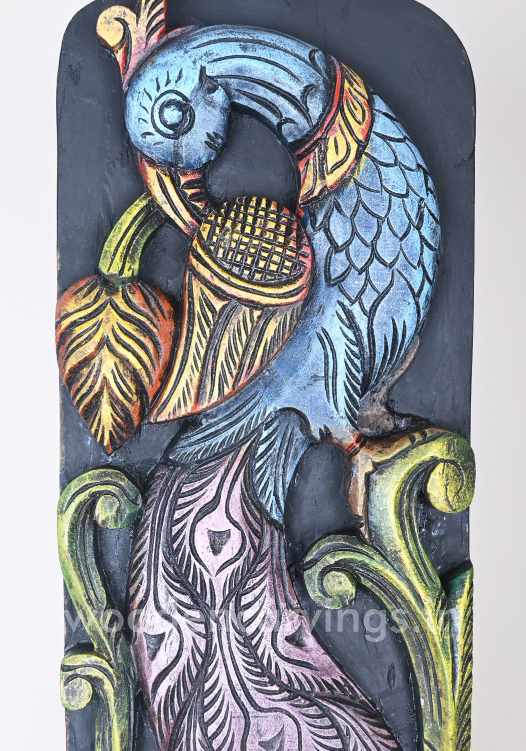 Blue Standing Peacock - Vertical Multicoloured Wooden Wall Panel, 19"
