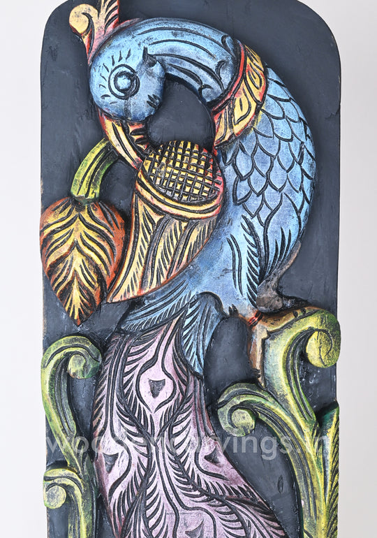 Blue Standing Peacock - Vertical Multicoloured Wooden Wall Panel, 19"