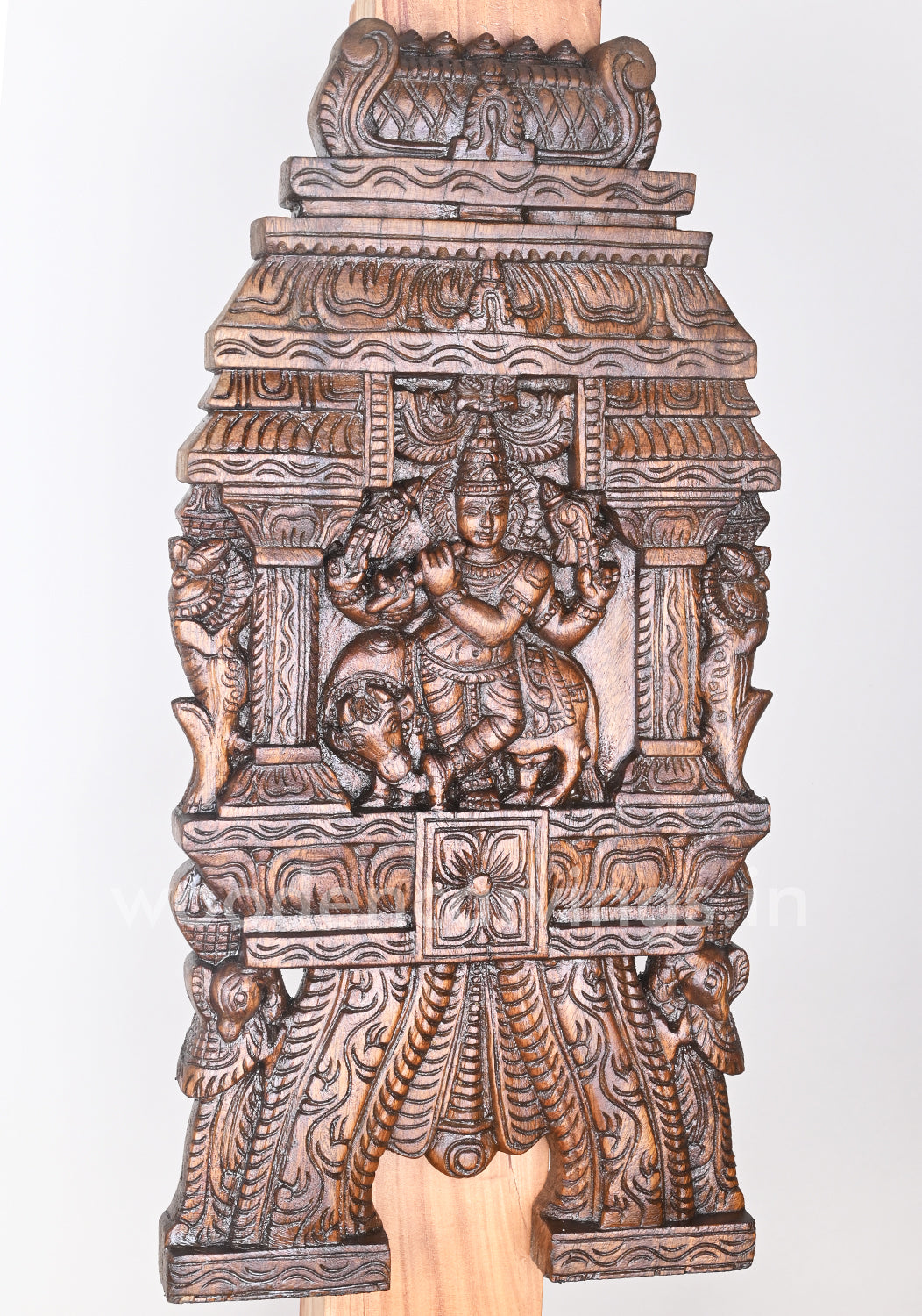 Lord Krishna Playing With Flute Bansuri and Auspicious Cow Wooden Kavadi 24"