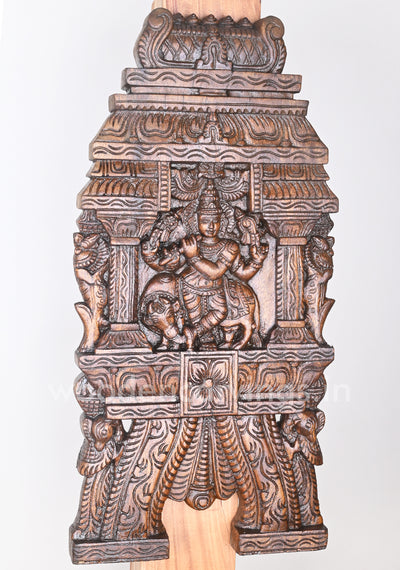 Lord Krishna Playing With Flute Bansuri and Auspicious Cow Wooden Kavadi 24"
